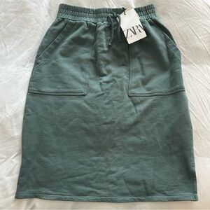 NWT dark green teal Zara drawstring cotton midi sweat skirt